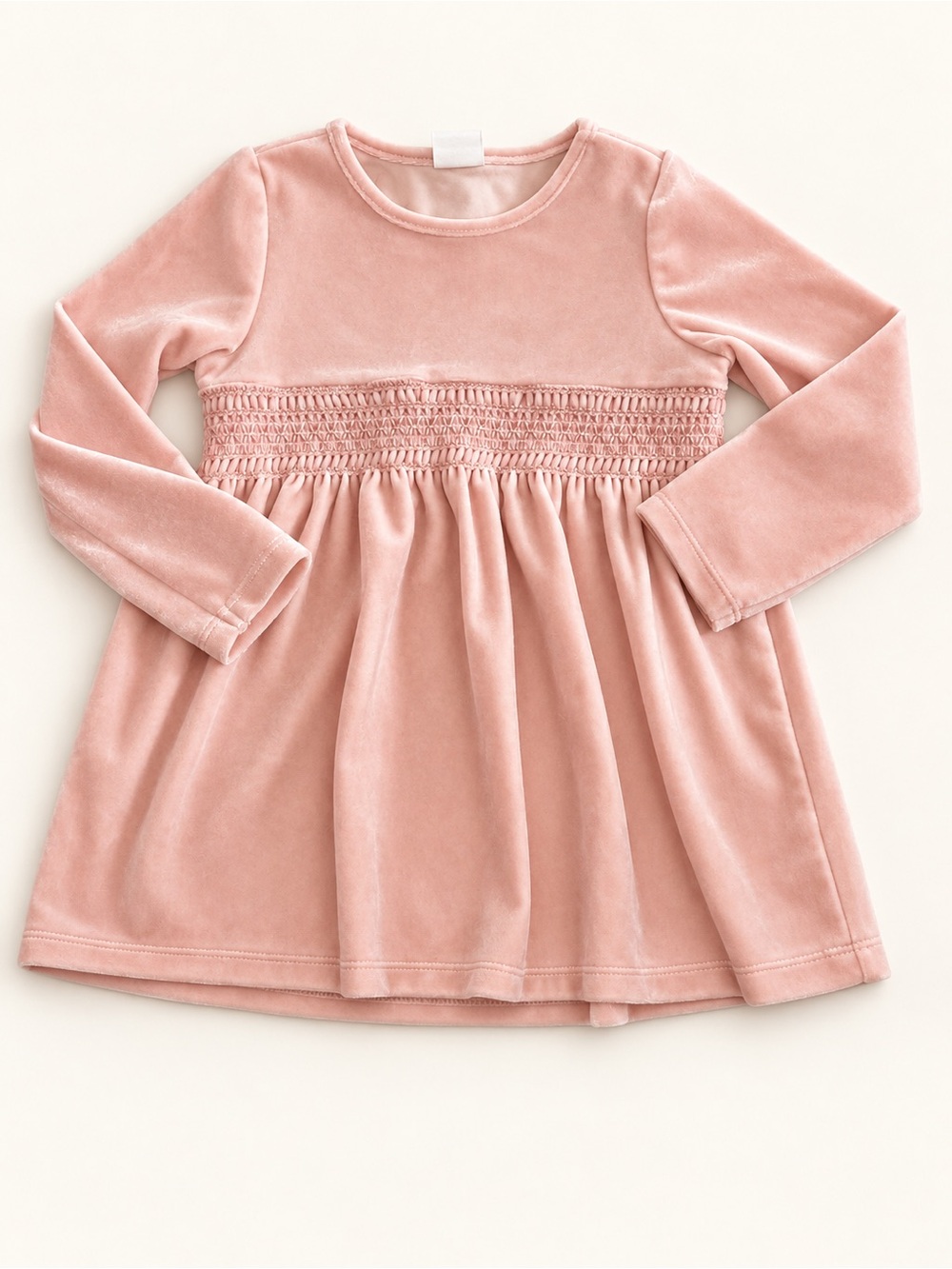 H&M Velvet Smocked Long Sleeve Top in Light Pink